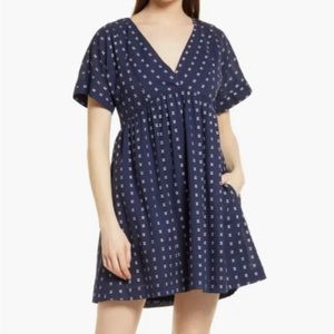 ❤️ Madewell V-Neck Dolman-Sleeve Navy Blue Baby Doll Mini Dress Textured Dot XL